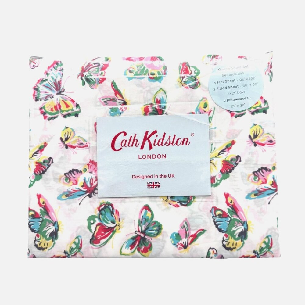 4pc Cath Kidston London Watercolor BUTTERFLIES Queen Sheet Set Cotton Percale